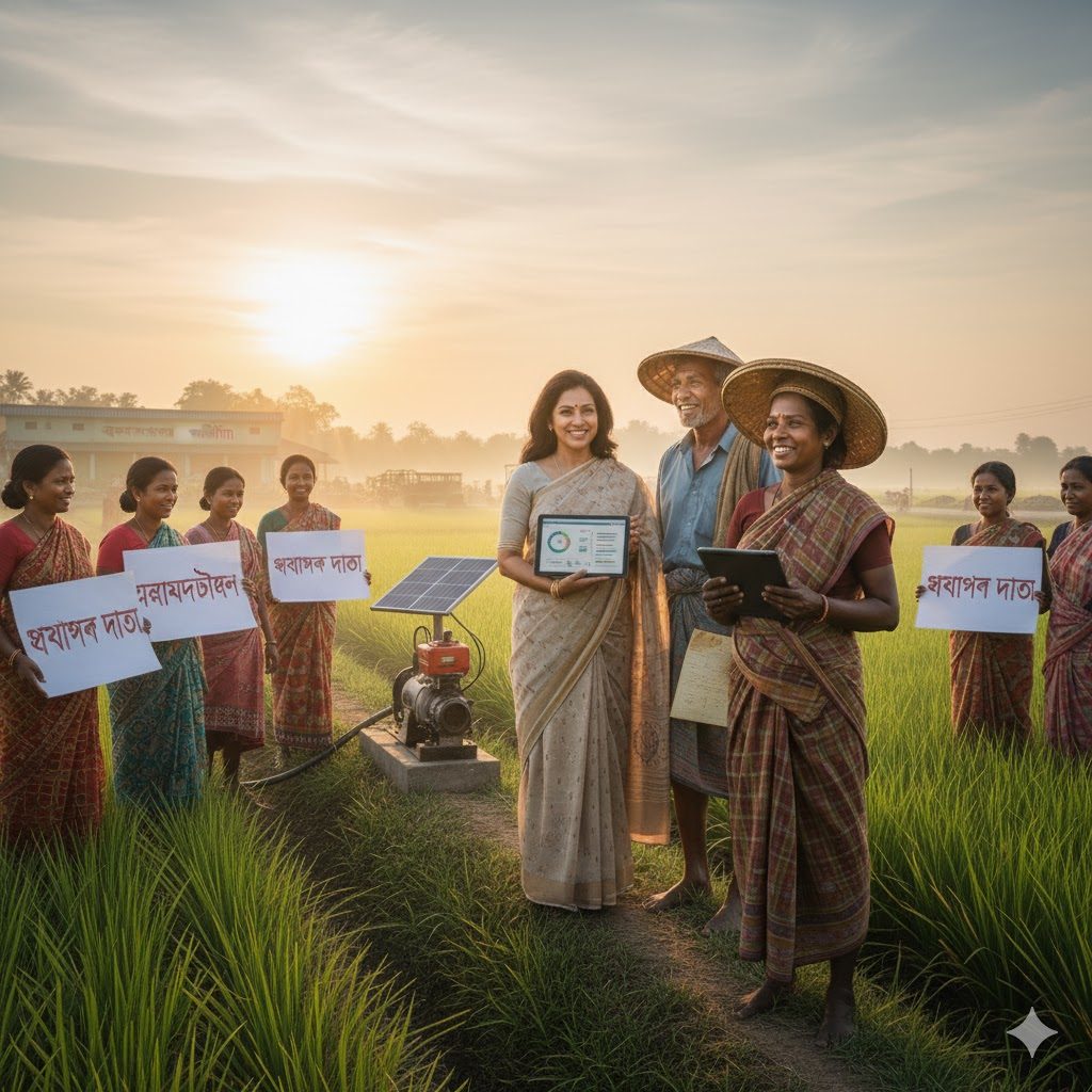 People with tablet in field